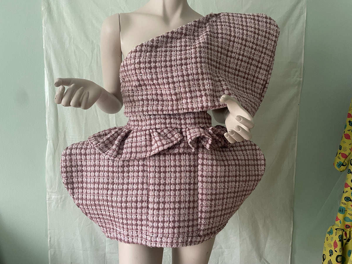 Pink tweed oversized off shoulder top