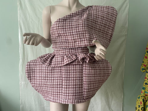 Pink tweed oversized off shoulder top