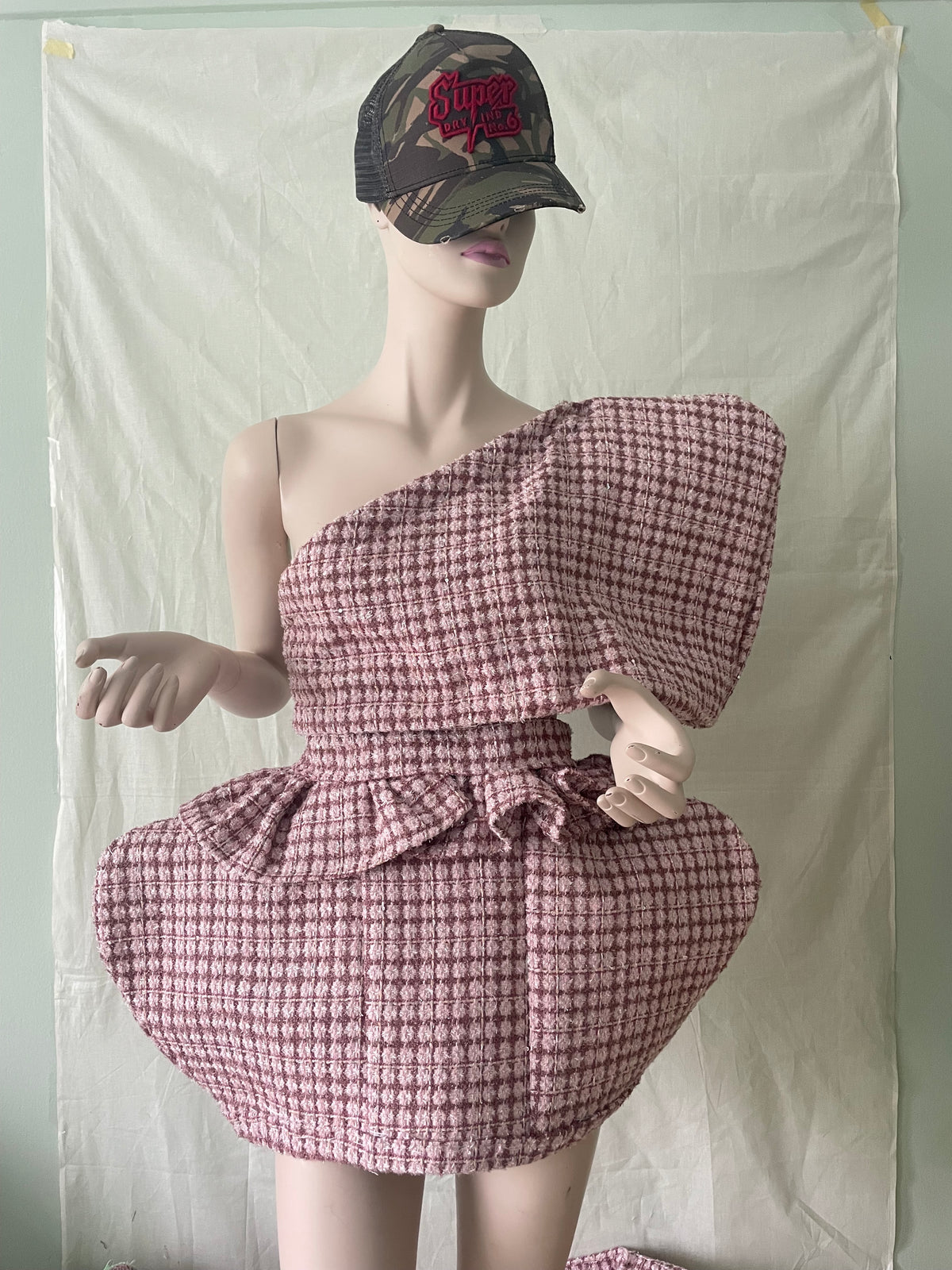 Pink tweed oversized off shoulder top